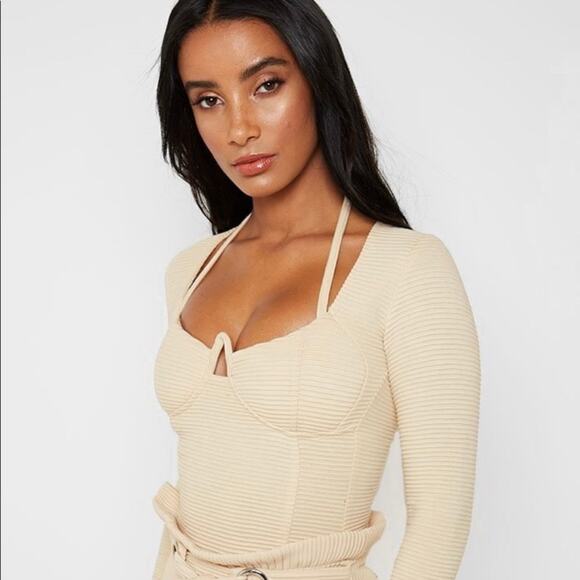 MANIERE DE VOIR Women’s Cream Built In Wire Bra Ribbed Bodysuit 4 UK 0 US XS - Picture 1 of 8